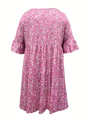  Ditsy Floral Print Bell Sleeve V Neck Casual Dress