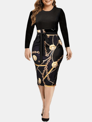 Plus Colorblock Chain Print Long Sleeve Round Neck Bodycon Dress