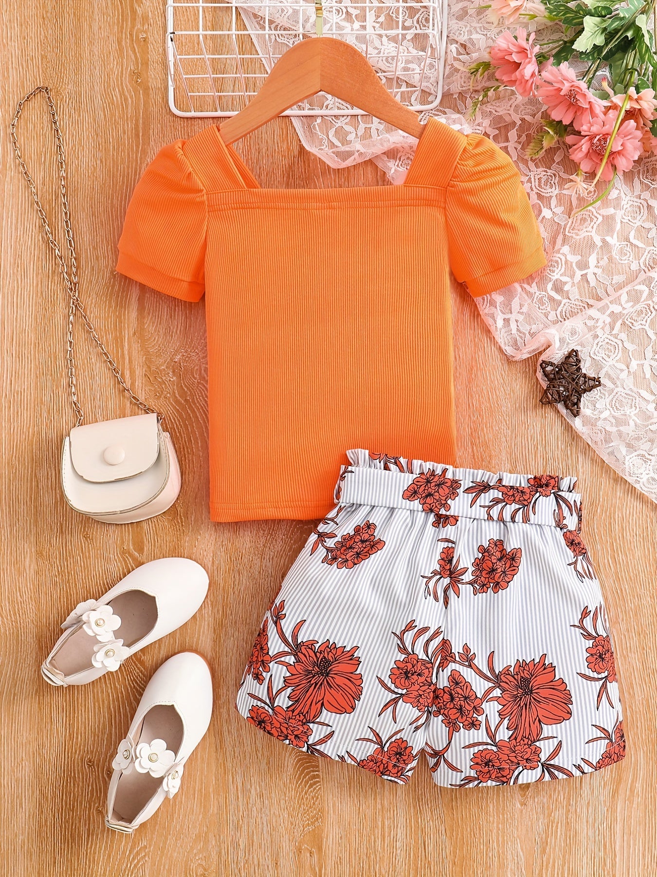 Girls Puff Sleeve Top & Stripes Flowers Shorts Set - Kids Summer Clothes