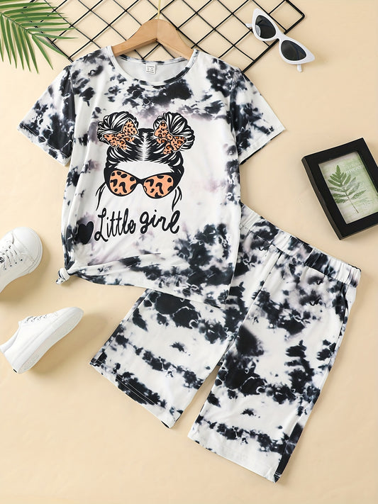 2pcs Toddler Girls Tie Dye Leopard Graphic T Shirts & Shorts Set