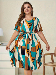  Graphic Print V Neck Dress With Belt