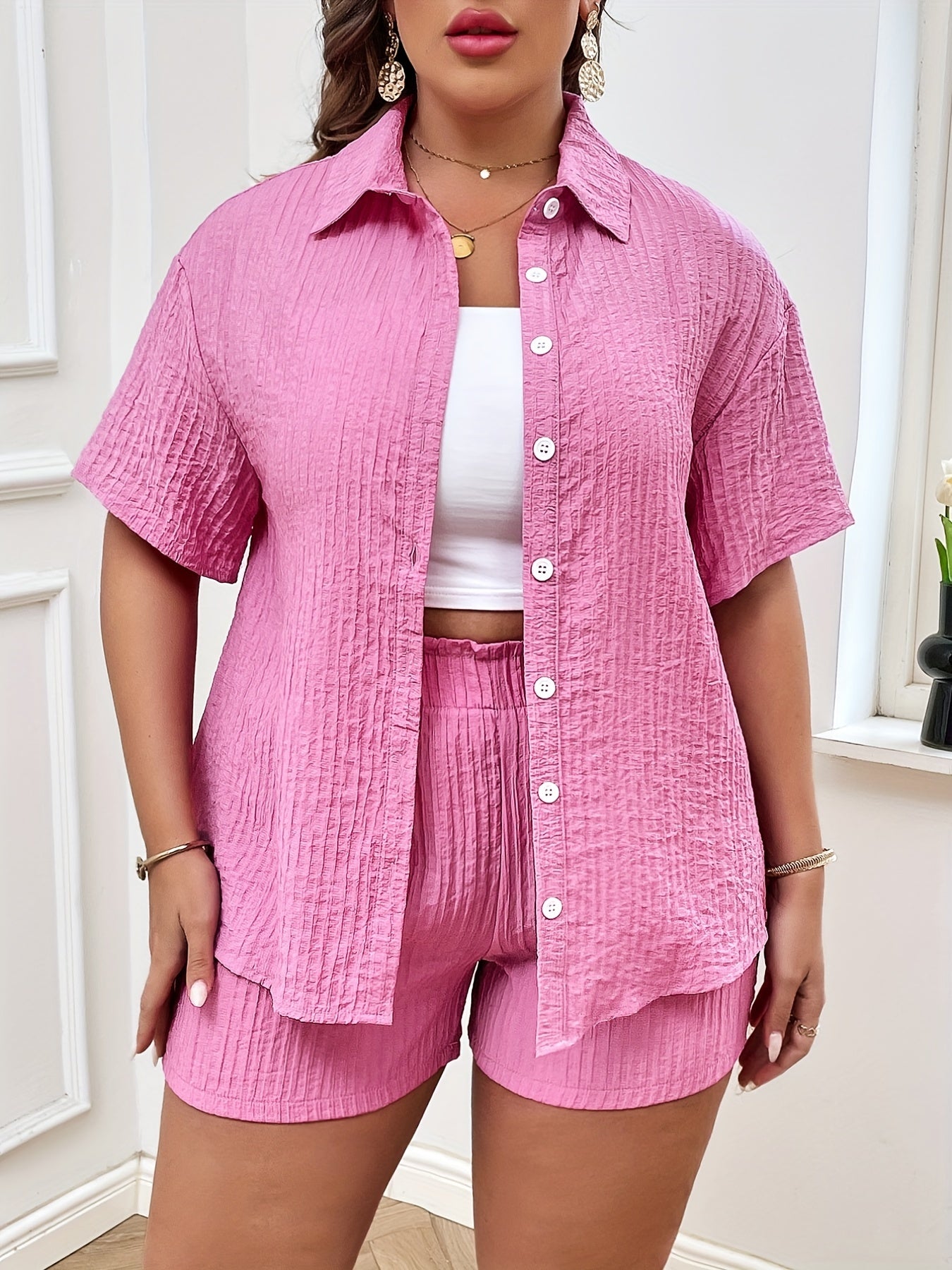 Women's Plus Solid Button Up Drop Shoulder Blouse & Shorts Set