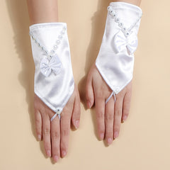 Satin Short Gloves with Bow and Rhinestone - Party Bride Wedding Prom Glov