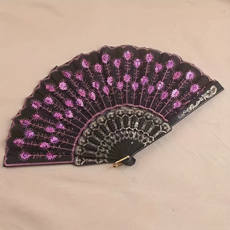 Sequin Men's Handheld Fan with Chinese Embroidery