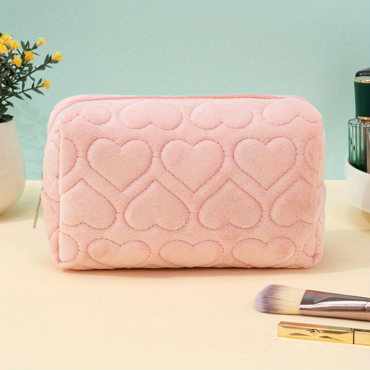 Heart Embossed Makeup Bag Cosmetic Organizer Pouch for Girls and Women