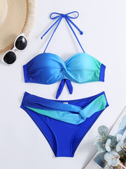 Ombre Twist Halter Tie Neck Bikini High Strech Low Waist 2 Piece Swimsuit