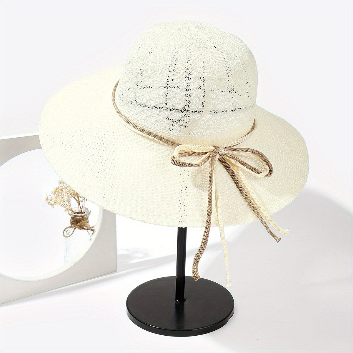 Crochet Sun Hat Hollow Out Basin Hat Rope Bowknot Travel Beach Hat