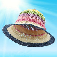 Rainbow Stripe Crochet Bucket Hat Breathable Foldable Straw Sun Hats
