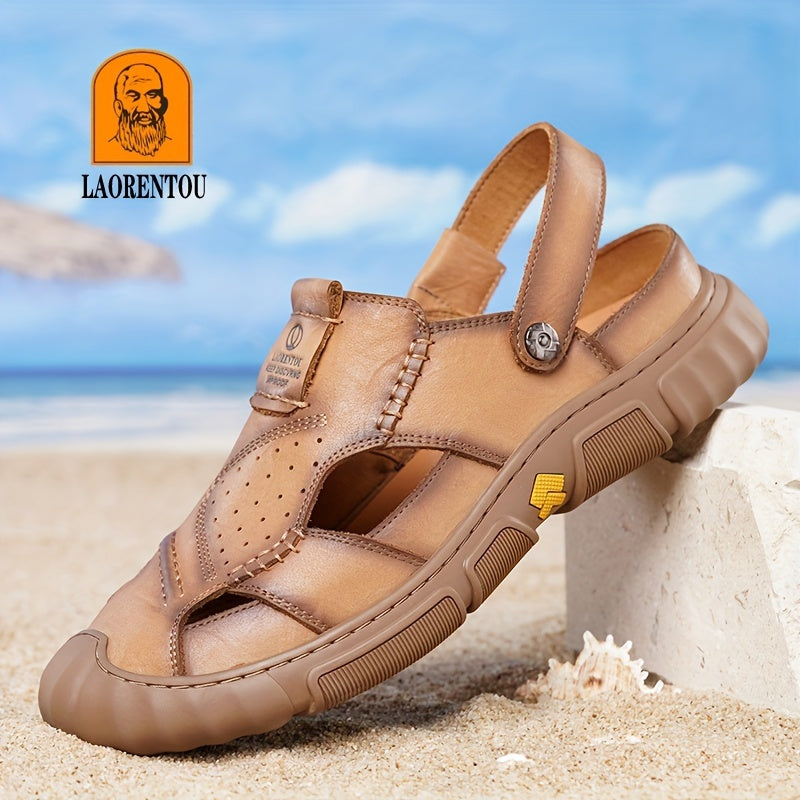 LAORENTOU Men's Leather Stitch Non slip Sandals Durable Quick Dry Closed Toe