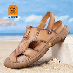 LAORENTOU Men's Leather Stitch Non slip Sandals Durable Quick Dry Closed Toe