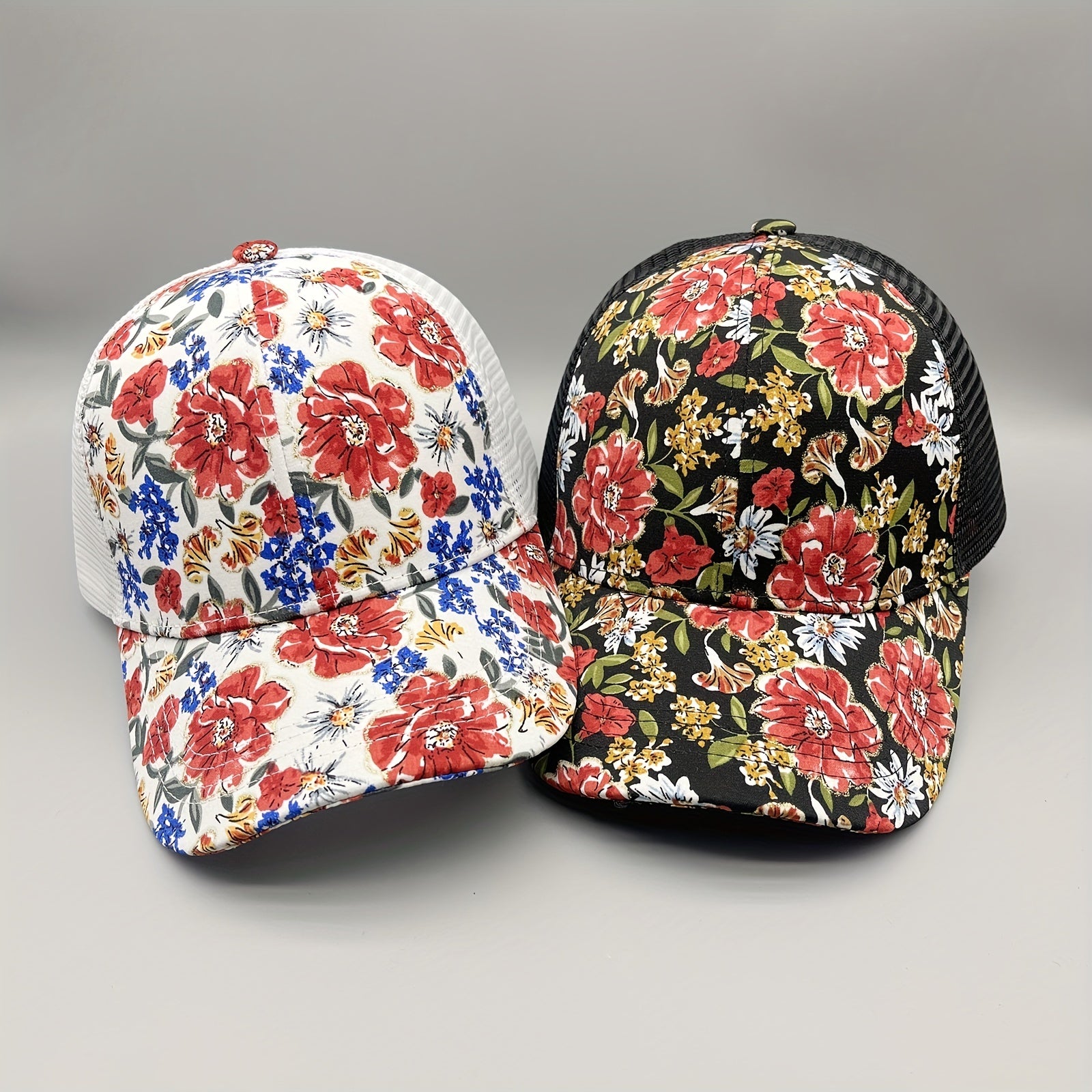 Red Flower Print Trucker Hat Vintage Hot Stamping Sunshade Baseball Cap