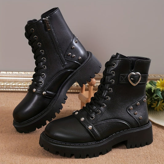 Women's Studded Platform Boots Chunky Heel Combat Shoes