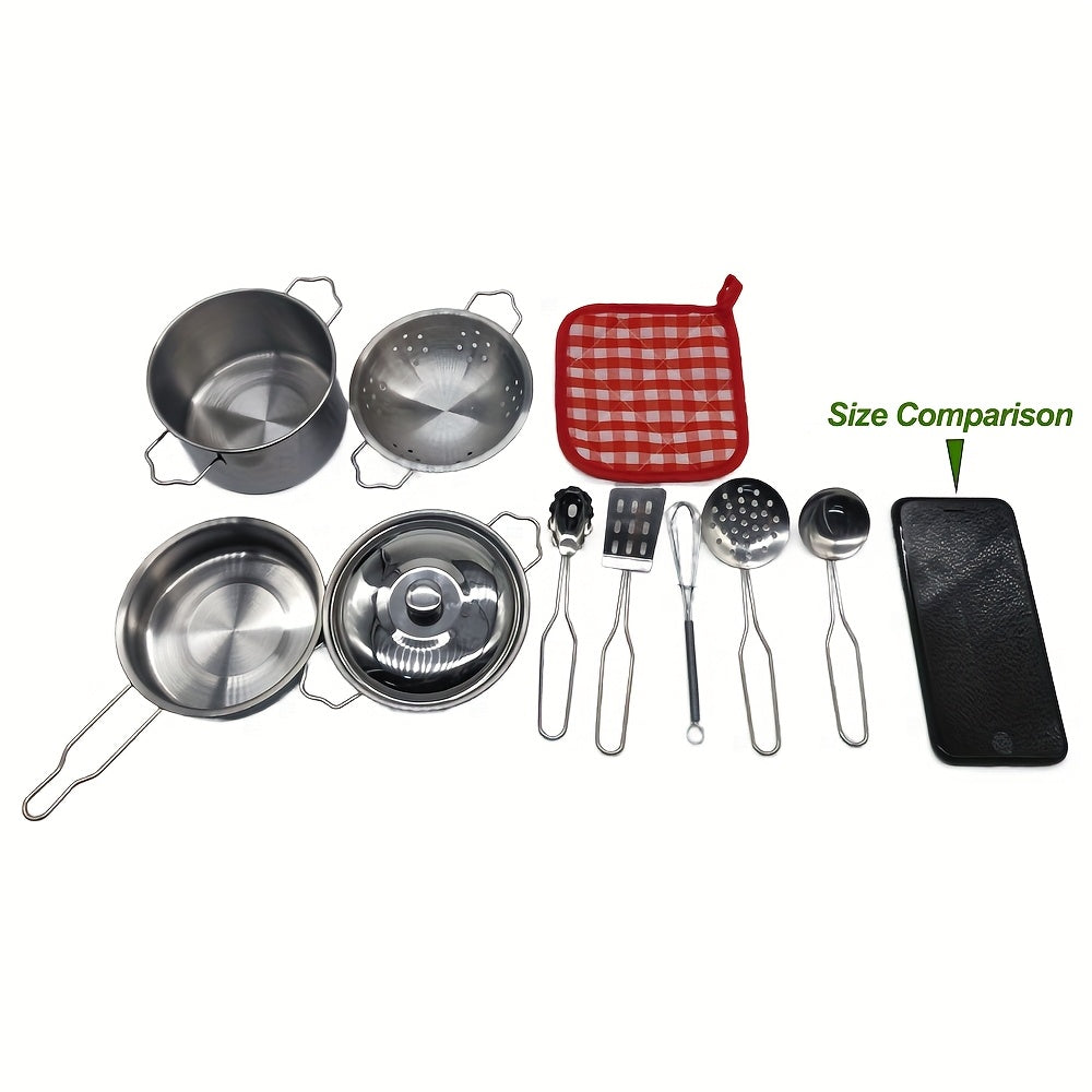 Kids Stainless Steel Pretend Kitchen Set with Cooking Utensils
