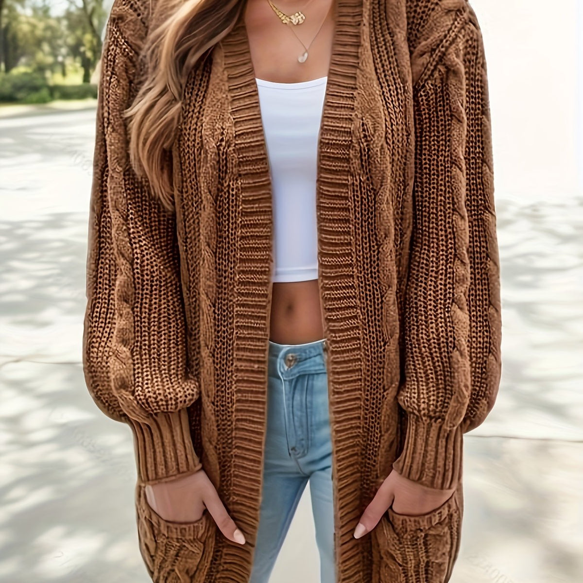  Ribbed Knit Open Front Cardigan with Pockets