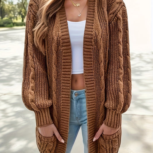  Ribbed Knit Open Front Cardigan with Pockets
