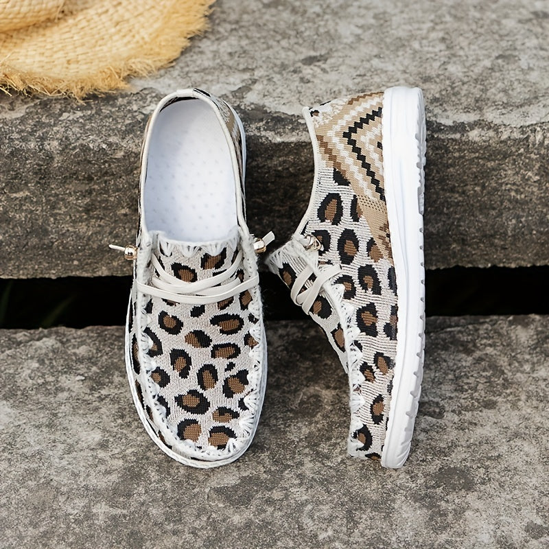 Leopard Printed Canvas Shoes Round Toe Vulcanized Flat Casual Walking Loafers