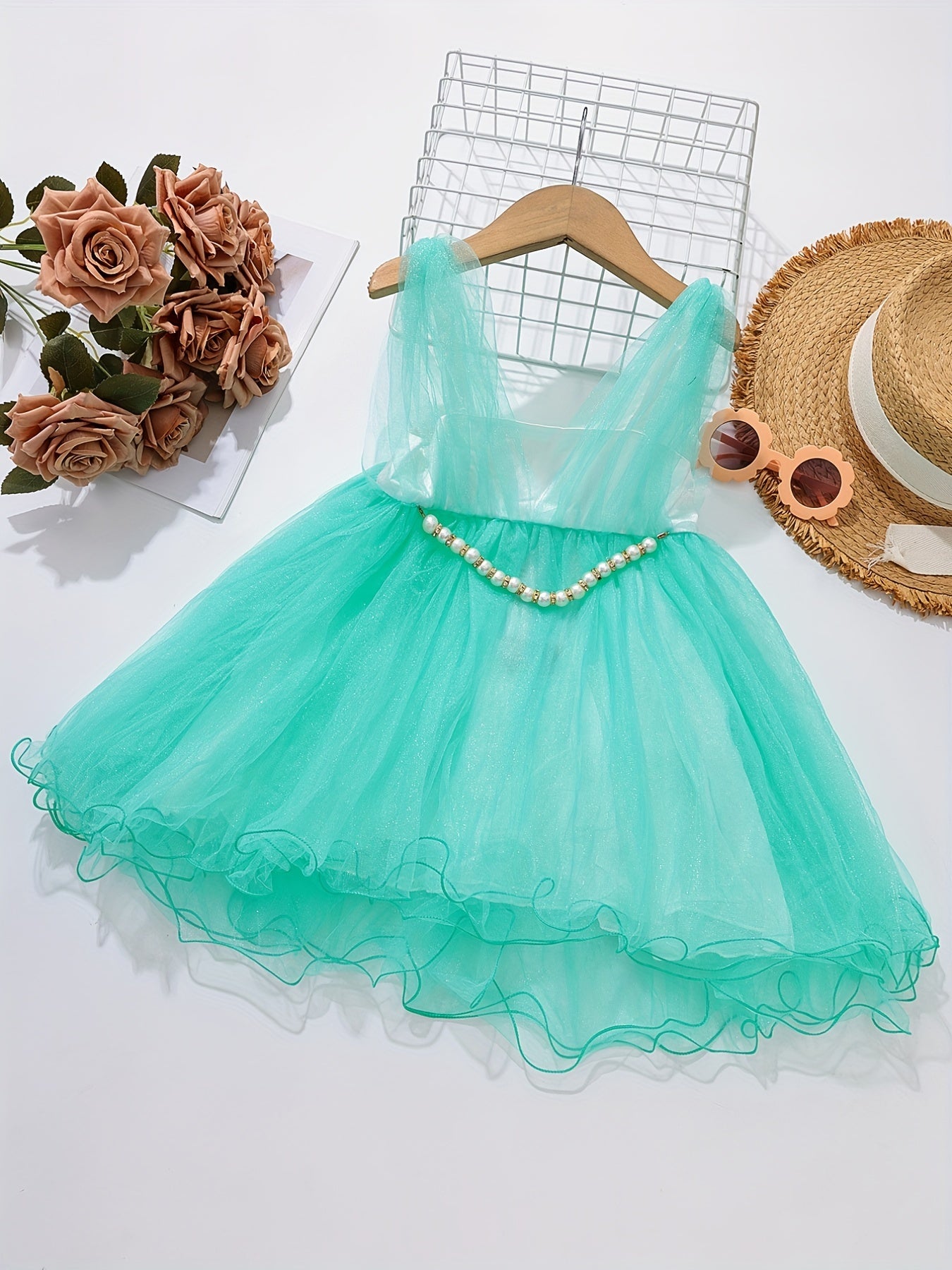 Girls Mesh Cover Up Overall Dress With Pearl Chain Decor