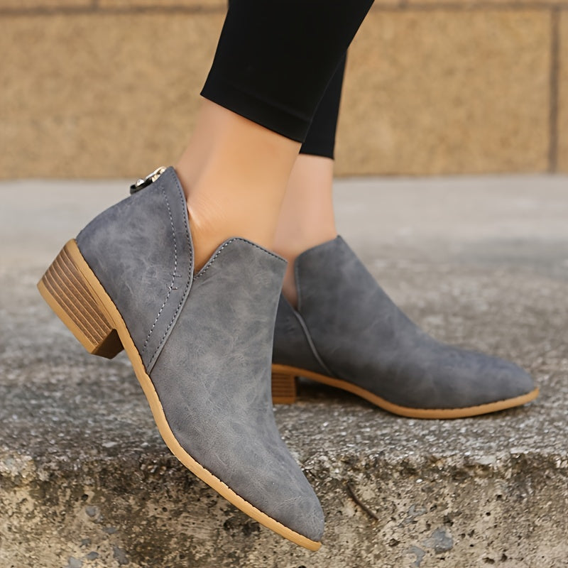 Women's Low Heel Ankle Boots Pointed Toe Stacked Heels Short Boots