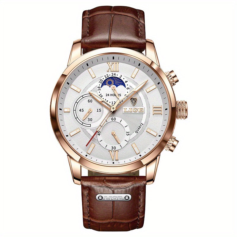 LIGE Men Watches Leather Waterproof Luminous Quartz Wristwatch
