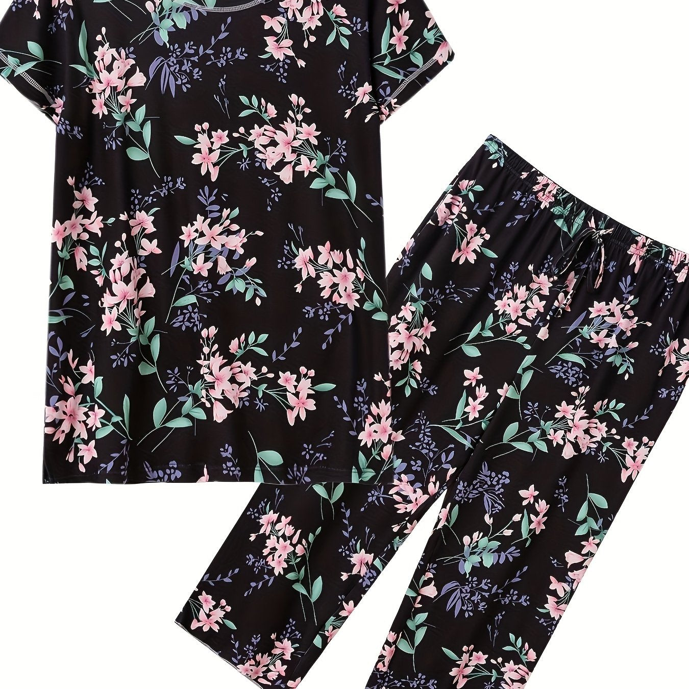 Floral Print Pajama Set Short Sleeve Crew Neck Top & Crop Pants