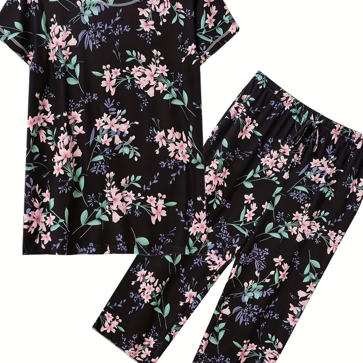 Floral Print Pajama Set Short Sleeve Crew Neck Top & Crop Pants