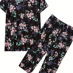 Floral Print Pajama Set Short Sleeve Crew Neck Top & Crop Pants