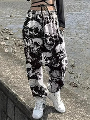 Women's Plus Allover Skull Print Elastic High Rise Straight Leg Trousers
