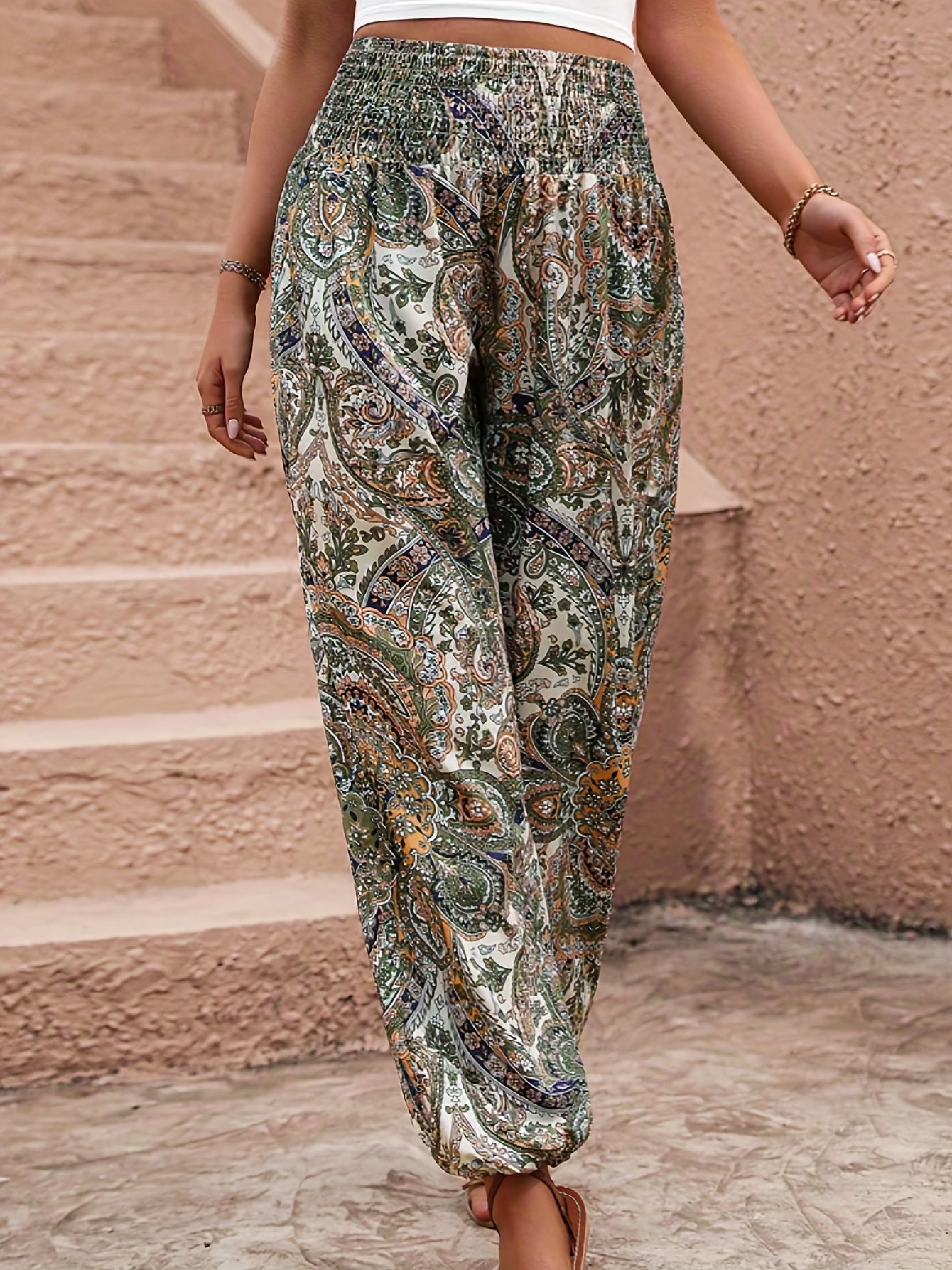  Boho Pants Women's Plus Paisley Print Wide Leg Harem Pants