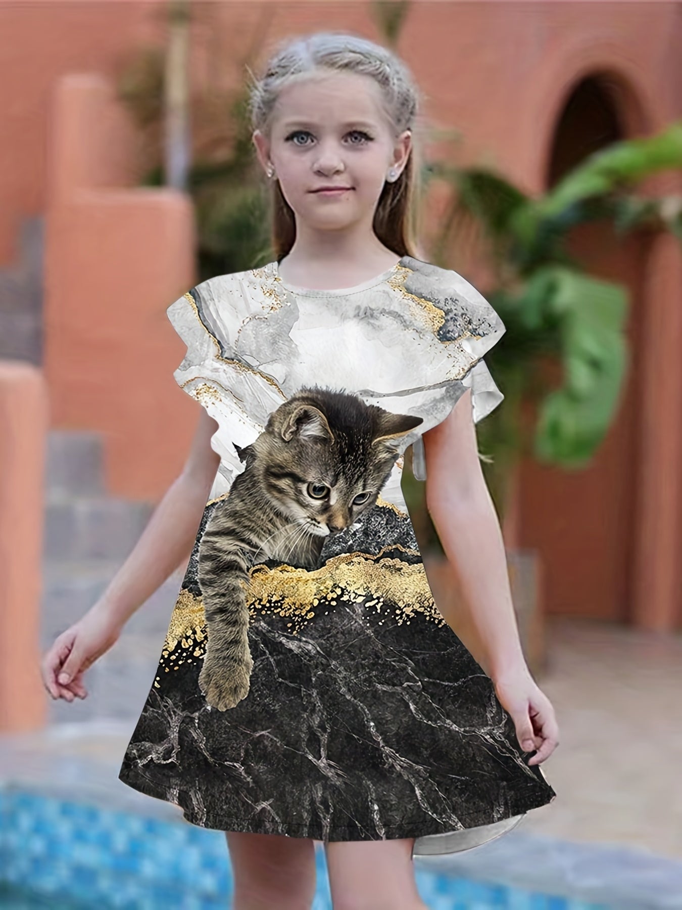 Kitty Graphic Ruffle Short Sleeve Dress Girls Clothes Party