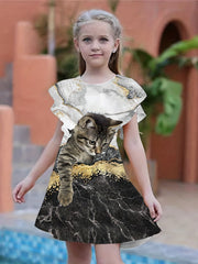 Kitty Graphic Ruffle Short Sleeve Dress Girls Clothes Party