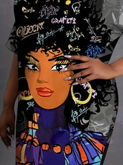 Letter & Girls Print T shirt Dress Crew Neck Short Sleeve Mini Dress