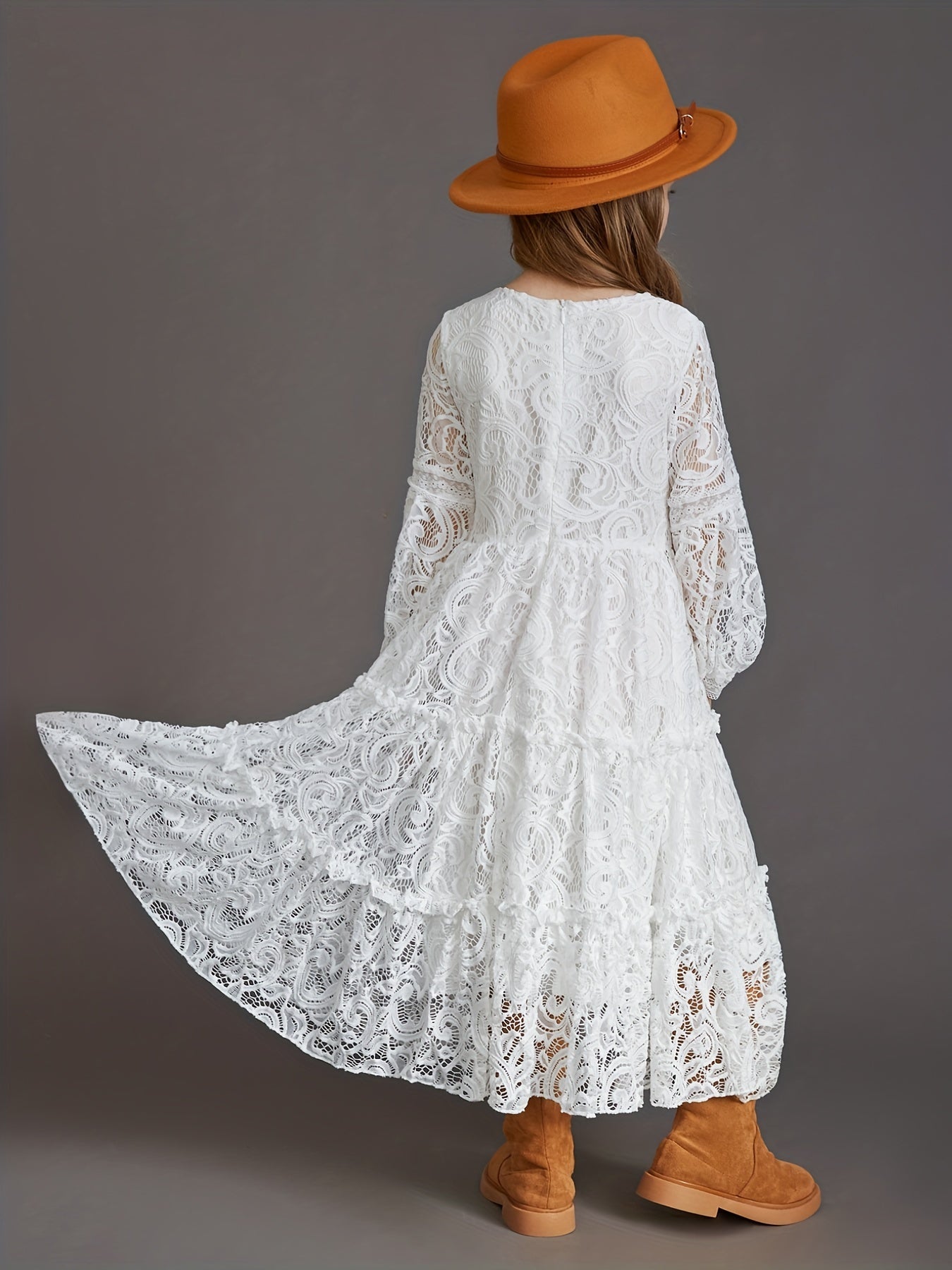 Girls Lace Puff Sleeve Flower Girl Dress Princess Dress