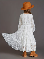 Girls Lace Puff Sleeve Flower Girl Dress Princess Dress