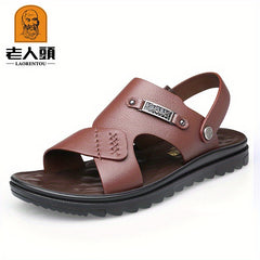 LAORENTOU Men's Leather Non Slip Sandals Wear resistant Comfy Beach Shoes