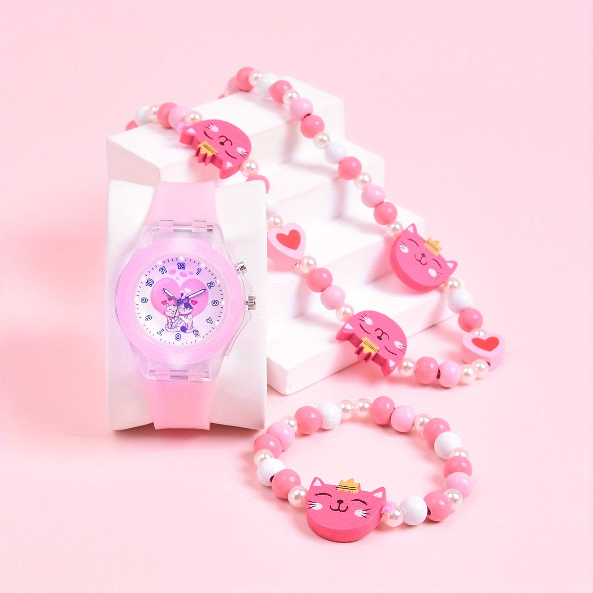 Double Cat Girls' Watch Soft Silicone Strap 3pcs Set