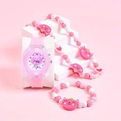 Double Cat Girls' Watch Soft Silicone Strap 3pcs Set