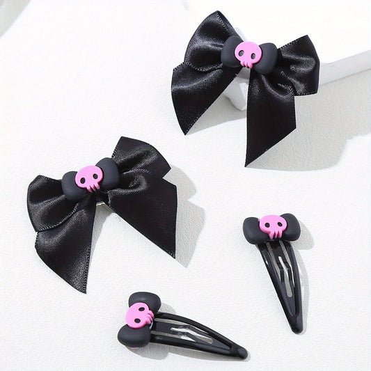 Y2K Pink Skull Bow Hair Clip Set for Women Girls