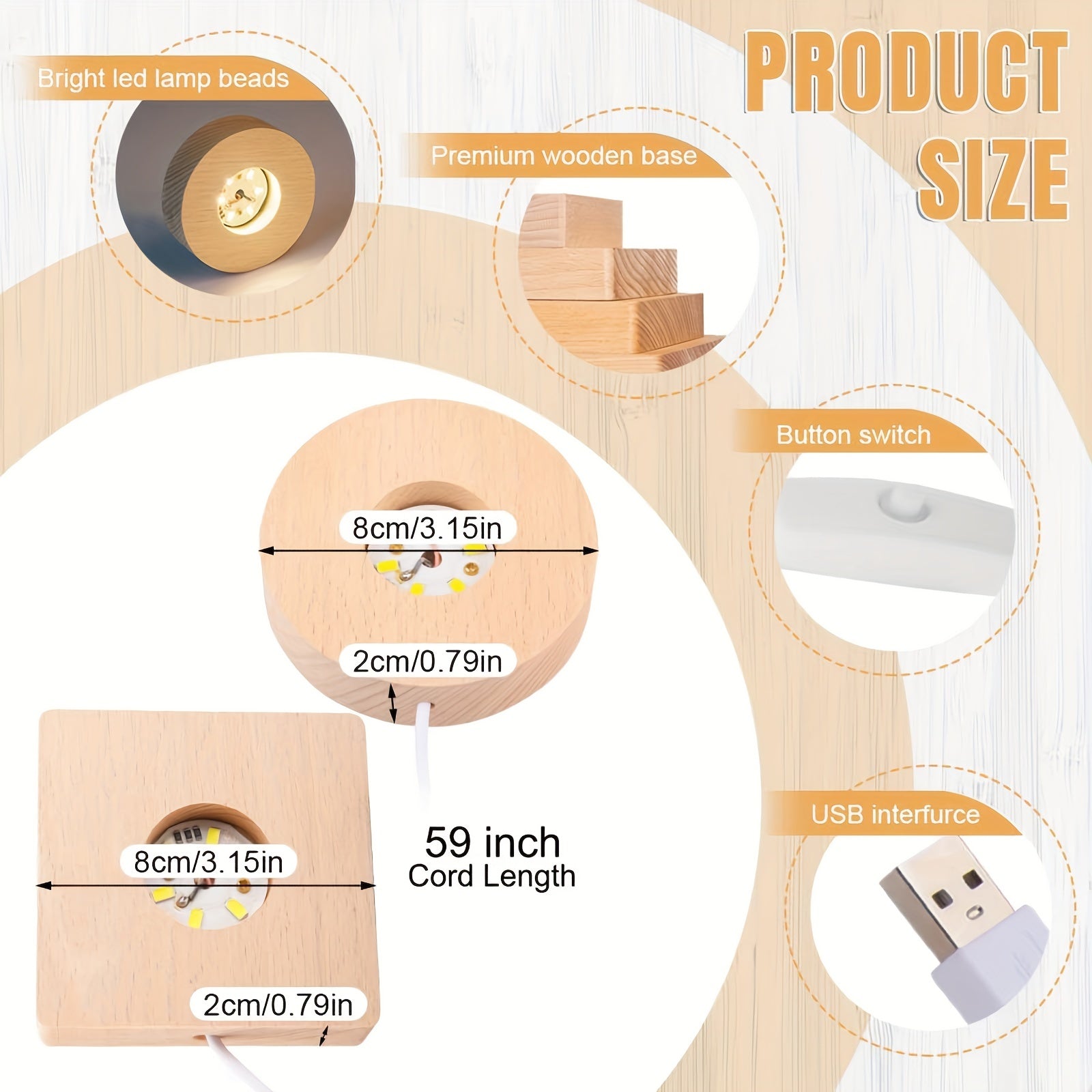 8cm Square/Round Wooden LED Lighted Base for Resin Molds Display