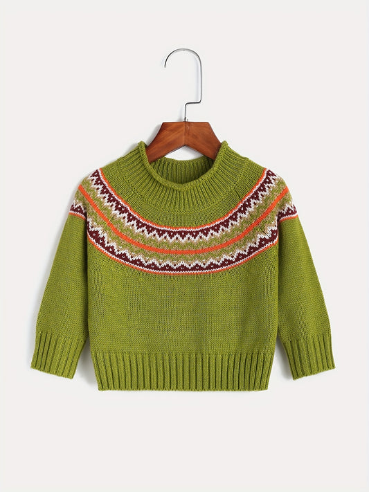 Little Girls Jacquard Round Neck Knitted Pullover Top