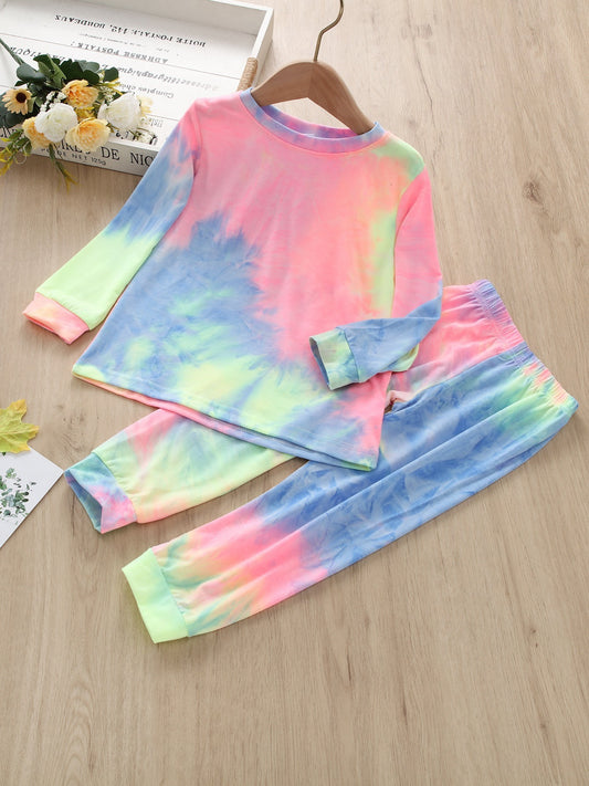 Girls' Rainbow Tie Dye Print Set, Long-sleeved Trousers