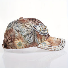 Rhinestone Baseball Cap Y2K Faux Pearl Leaf Flower Hat