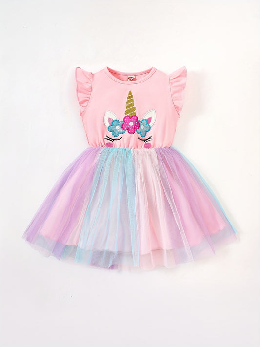 Toddler Girls Ruffle Trim Cartoon Unicorn Dress