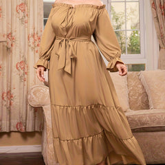  Solid Off Shoulder Maxi Dress With Belt