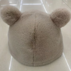 Bear Ears Plush Cloche Hats Faux Fur Warm Bucket Hat