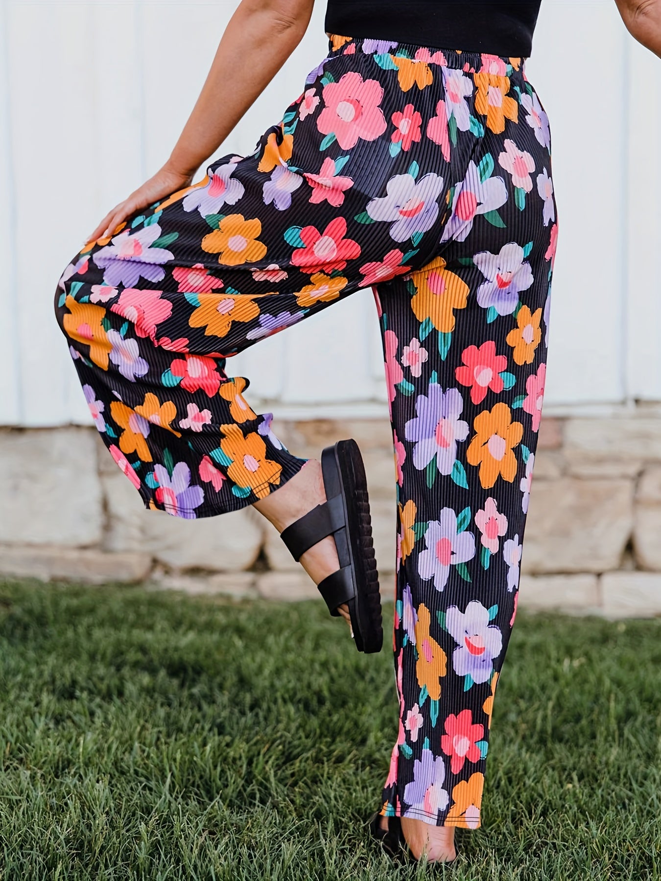 Women's Plus Floral Ribbed Wide Leg Pants