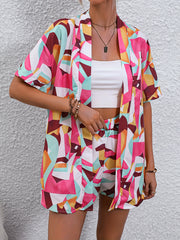 Geo Print Two Piece Set Short Sleeve Open Front Tops & Shorts Outfits