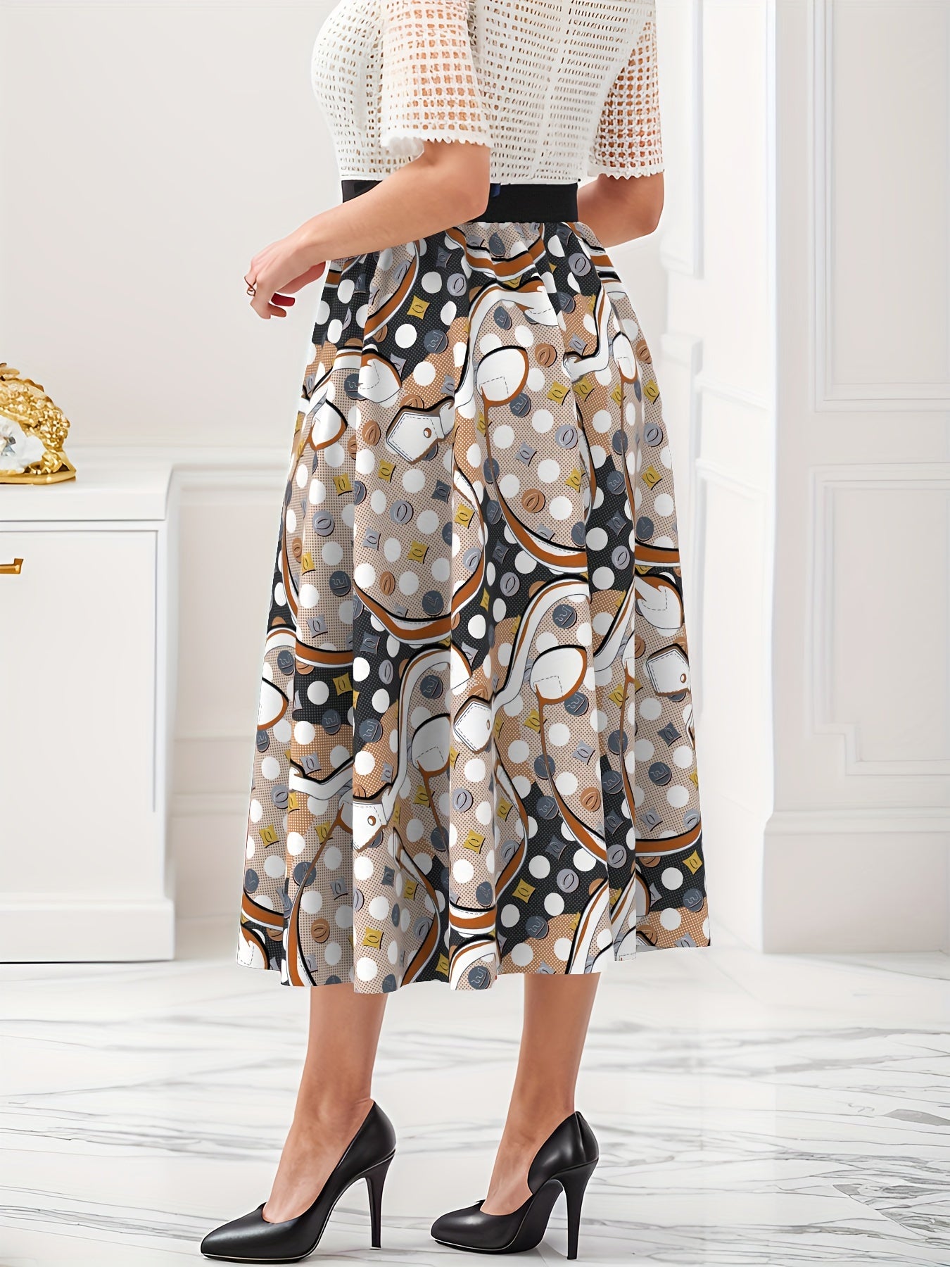  Polka Dot Print High Waist Skirt with Belt