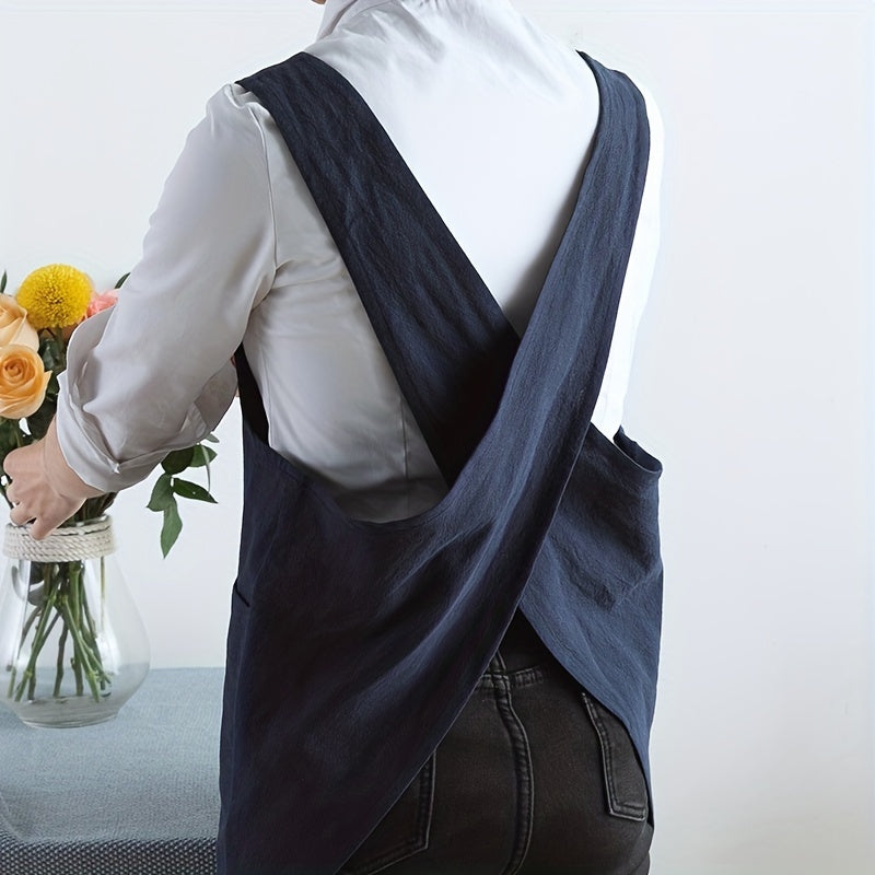 Adjustable Linen X Back Apron with Pockets for Chef Gardening Baking