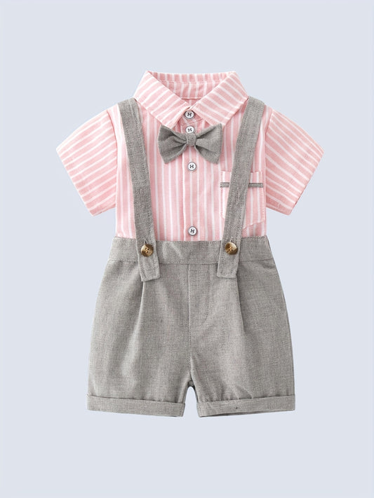 2pcs Baby Boys Striped Shirt & Suspender Shorts Set Gentleman Clothes