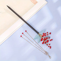 Wooden Hairpin With Tassel Red Beads